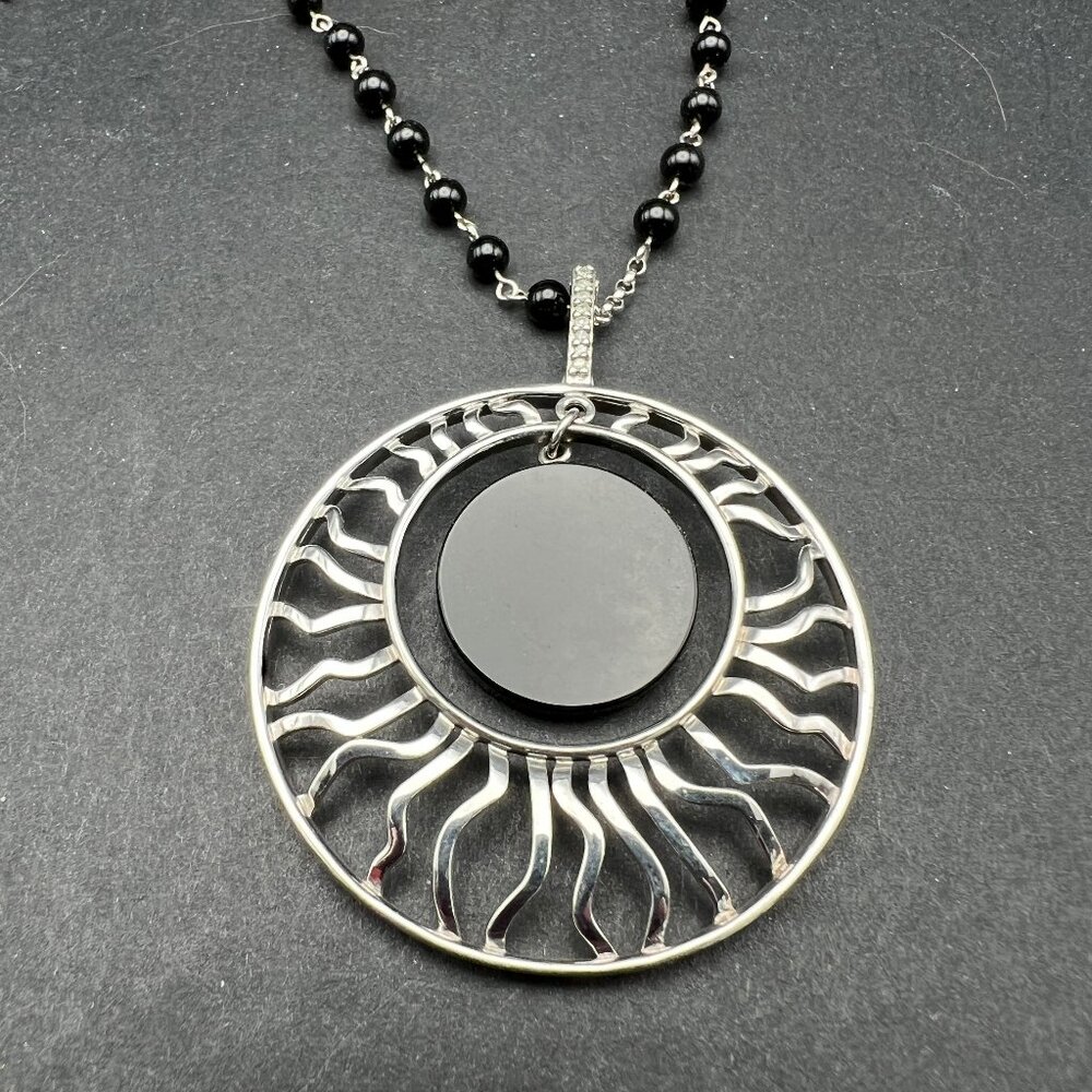 Heng Ngai Sterling Silver 925 Black Onyx Beaded Necklace Sun Pendant